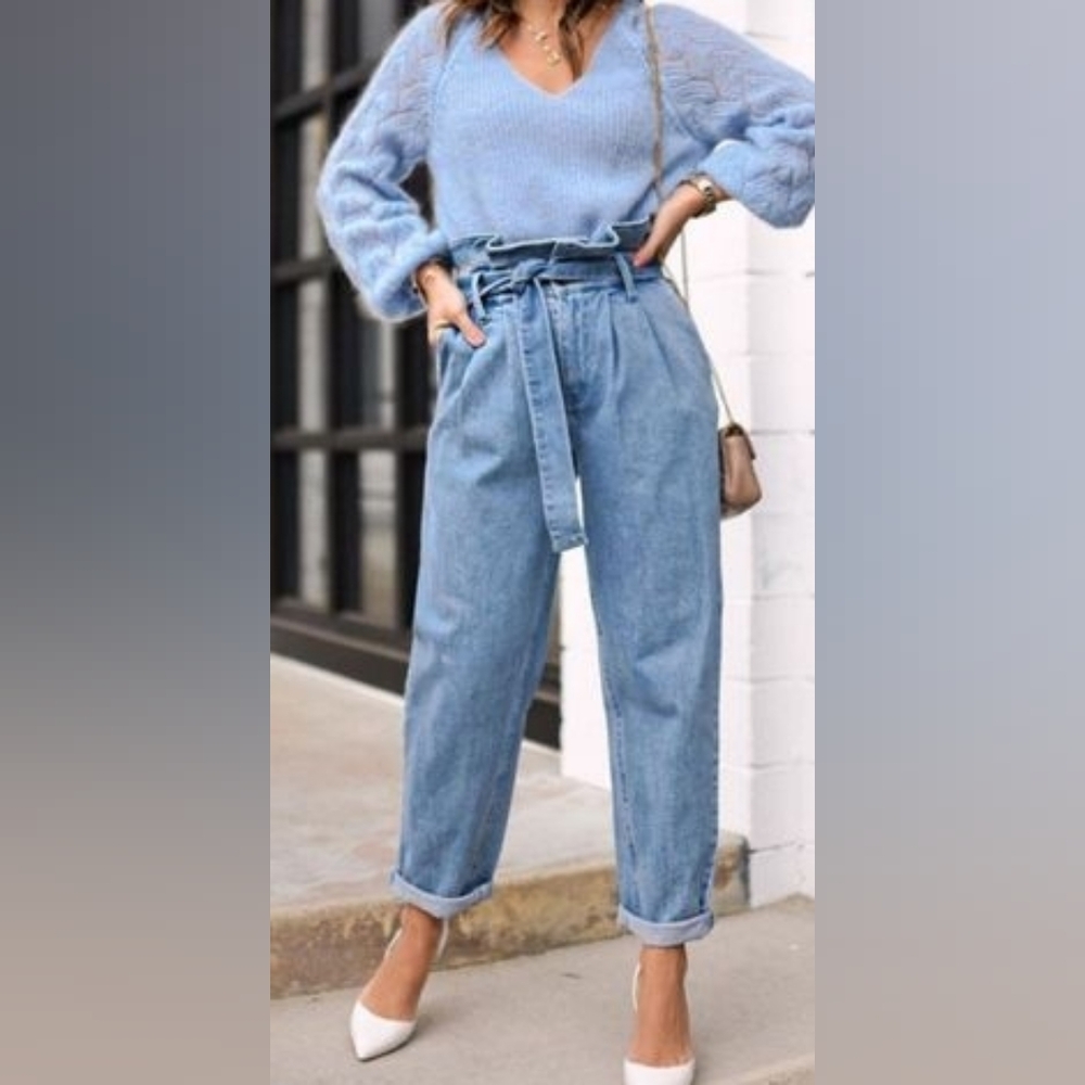 HERA High Waist Paperbag Straight Leg Jeans In S